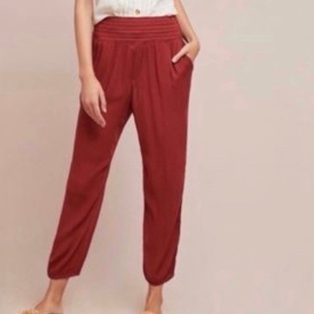 Anthropologie Ettitwa Smocked-Waist Jogger Pants in Rust NWT